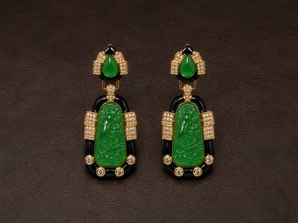 Art Deco Bird Earrings Museum Intaglio Jade Chinese Boho Court VTG CZ Carved Y2K